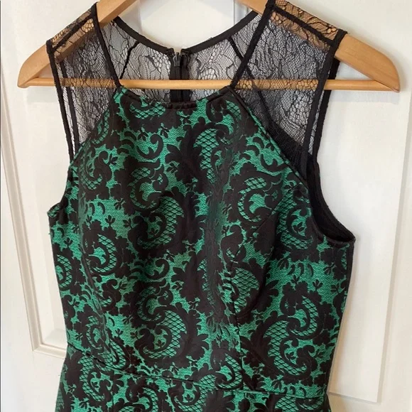 Aidan Mattox Floral Embroidered Lace Green and Black Mini Dress Paisley Formal - Picture 2 of 12
